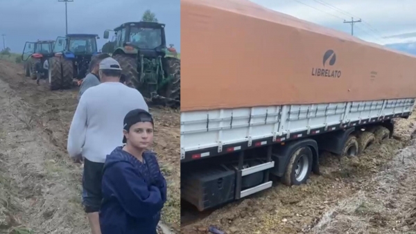 Carreta carregada de adubo atola na Estrada do Geribá 