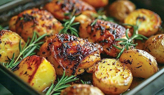 Sobrecoxa assada com limão, alho e ervas com batatas douradas e cebolas caramelizadas