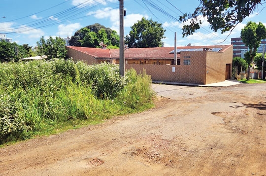 Falta de calçamento e matagal na Rua Sílvio Scopel