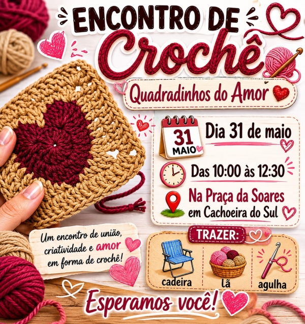 Campanha Quadradinhos de Amor terá encontro de crochê neste doming
