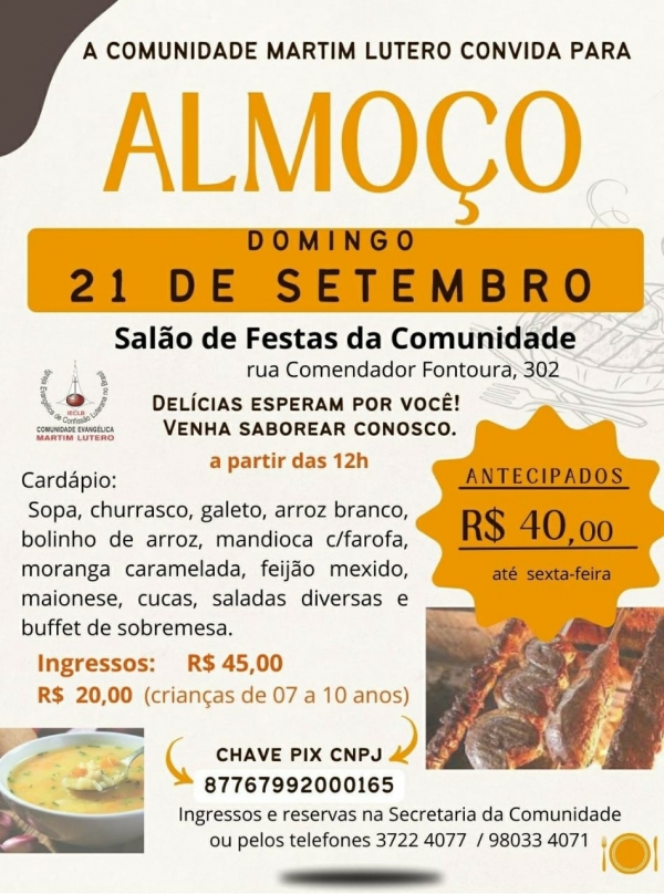 Comunidade Martim Lutero promove almoço neste domingo